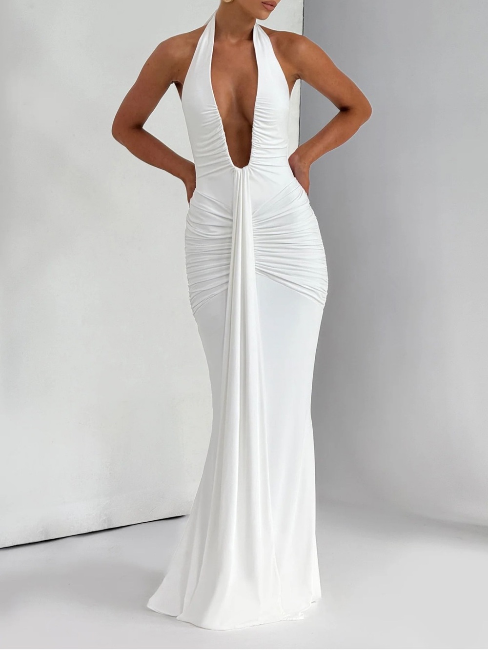 White Halter Plunge Maxi Dress with Draped Front